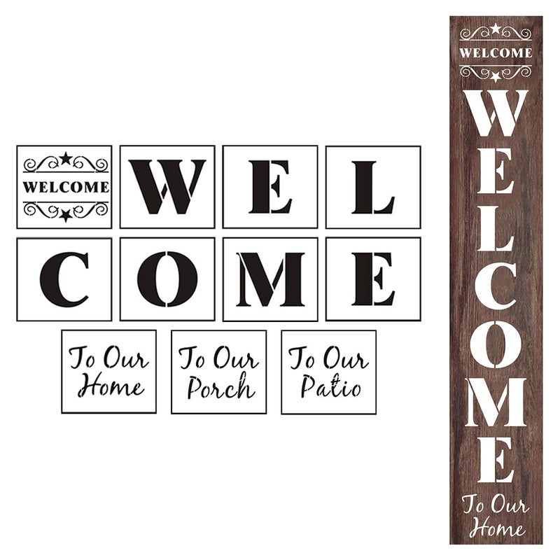 REOLAN Welcome Stencils for Painting on Wood - 11 Pack Large Vertical Welcome Sign Stencil Templates for Wood Signs, Reusable Letter Stencils for Home, Patio, Porch Signs & Front Door Decorations - Image 1